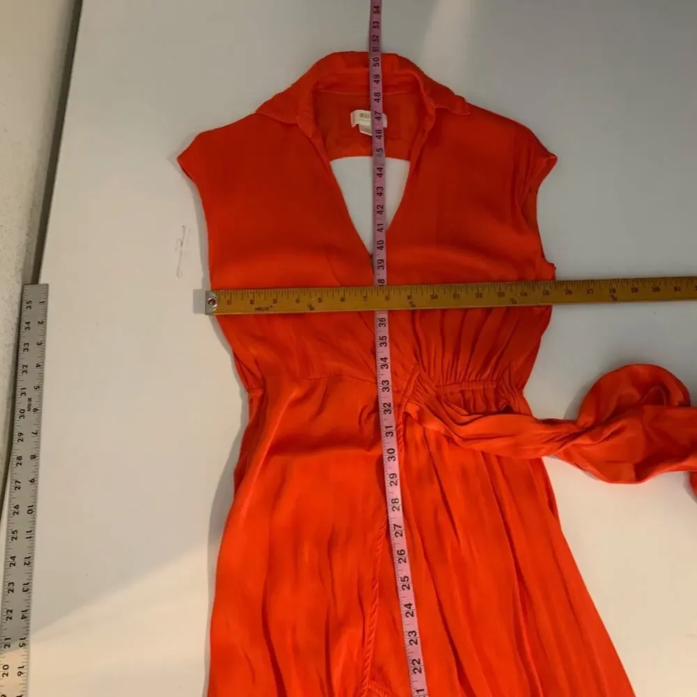 Maeve Dress Womens XS Extra Small Coral Open Back Satin Faux Wrap Tie Waist Midi